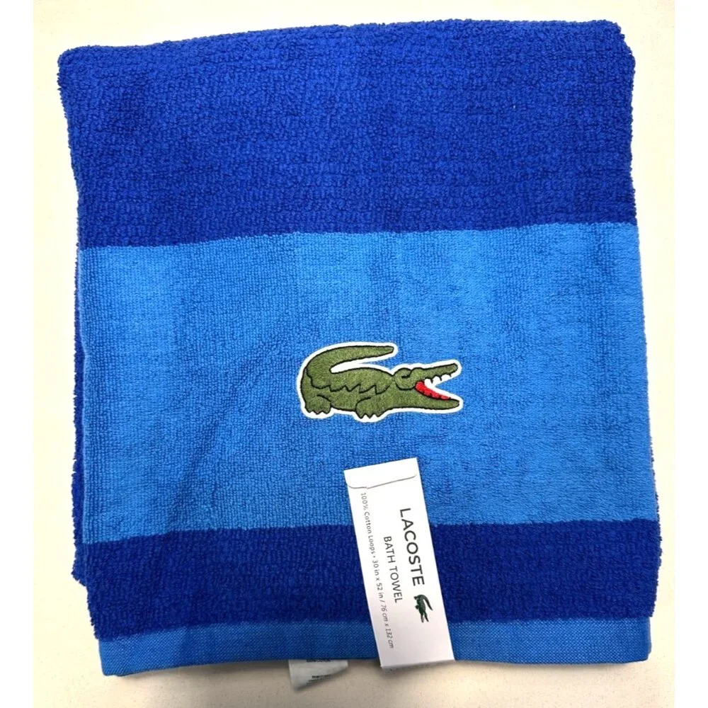 LACOSTE Bath Towels Luxury Blue Cotton Big Crocodile Logo 30 x 52 NWT